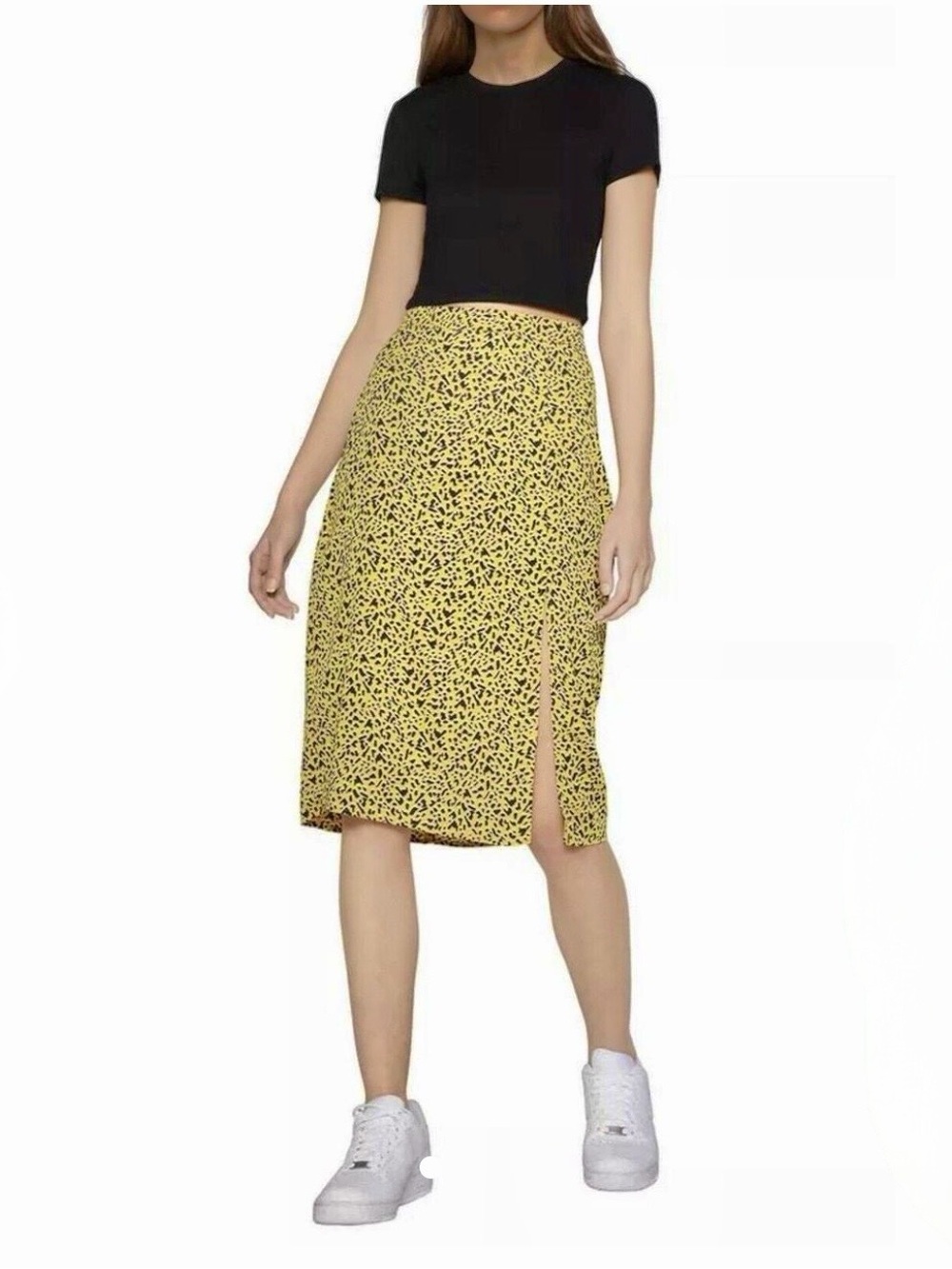 BCBGeneration Yellow Printed Side-Slit Midi Skirt